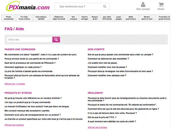 Page d'aide du site de vente en ligne Pixmania.fr