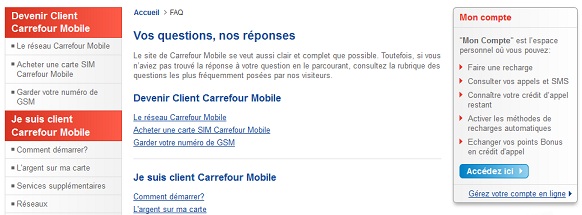Aperçu de la FAQs du site Carrefour Mobile.